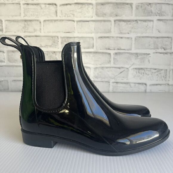 Sam‎ Edelman Tinsley Sz 8 M Rain Snow Boots Rubber Black Shiney Waterproof Pull - Picture 1 of 11